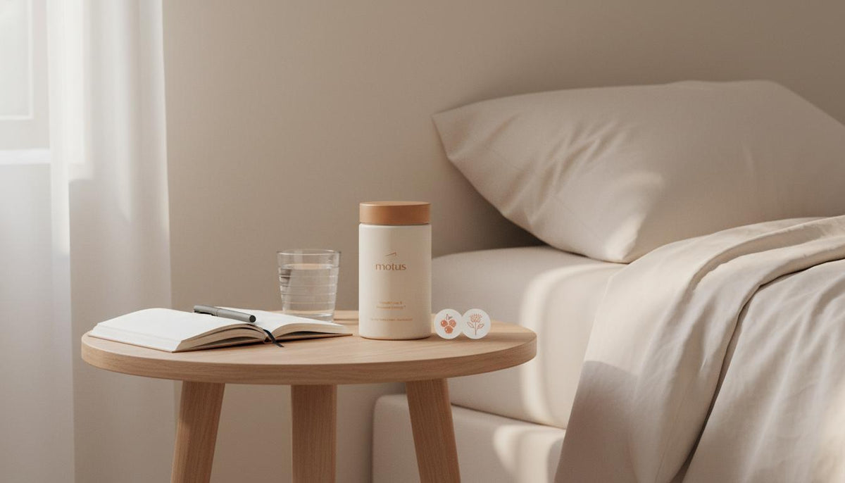 Minimalist bedside scene with Tonum Motus supplement jar beside a glass of water and open journal, berries and milk thistle icons nearby, morning light — fat burners