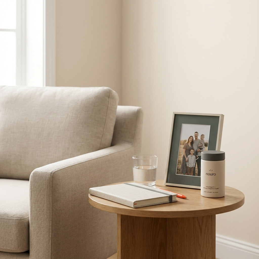 Minimalist living room corner with a Tonum supplement container, notebook, framed family photo and glass of water, evoking planning and gentle routines for early Alzheimer's care at home.