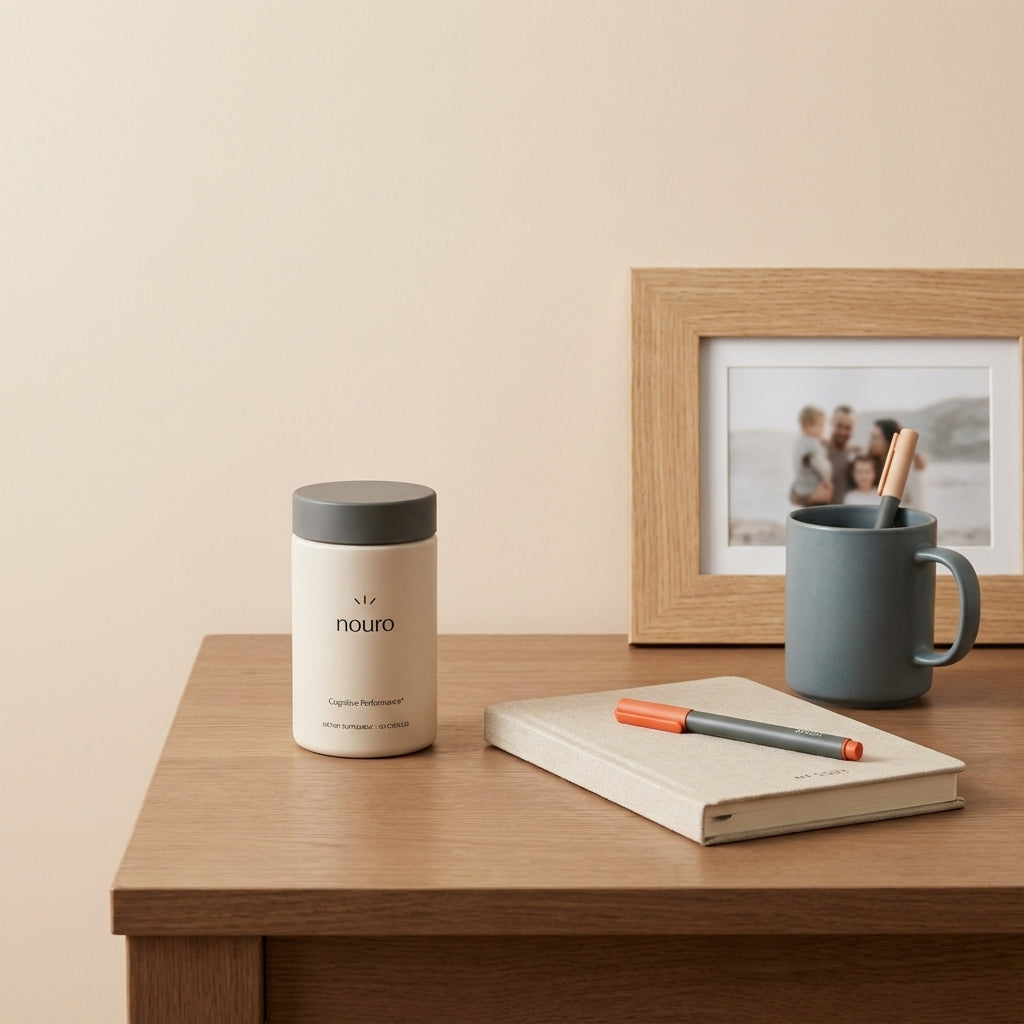 Minimalist home office desk with Tonum supplement container, closed notebook, pen, and family photo, warm natural light conveying support and planning for early-onset Alzheimer's.