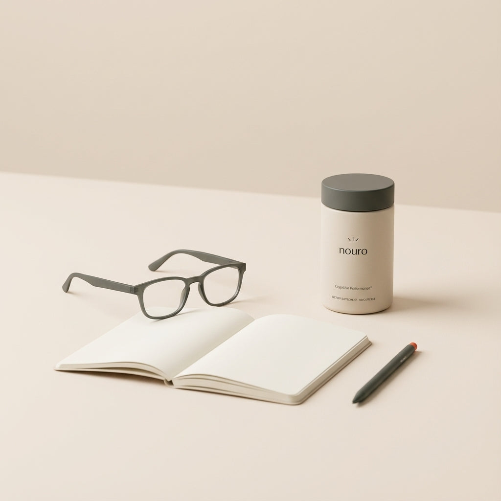 Minimal Tonum-style scene with Tonum Nouro bottle, open notebook and reading glasses on a beige table, reflecting practical care and early-onset Alzheimer's life expectancy.