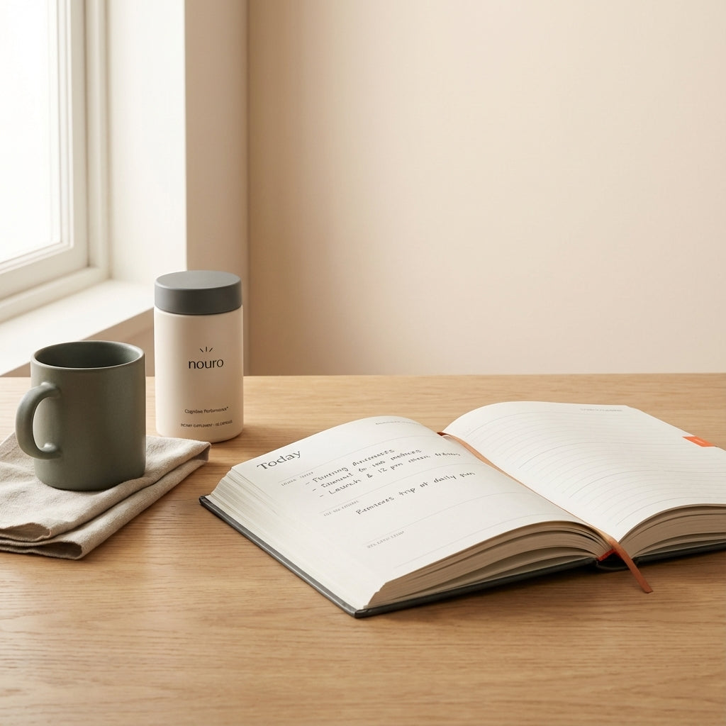 Minimalist still-life of a kitchen table with day planner, ceramic mug, and Tonum product container in soft natural light, evoking calm, organization and early signs of Alzheimer's awareness.