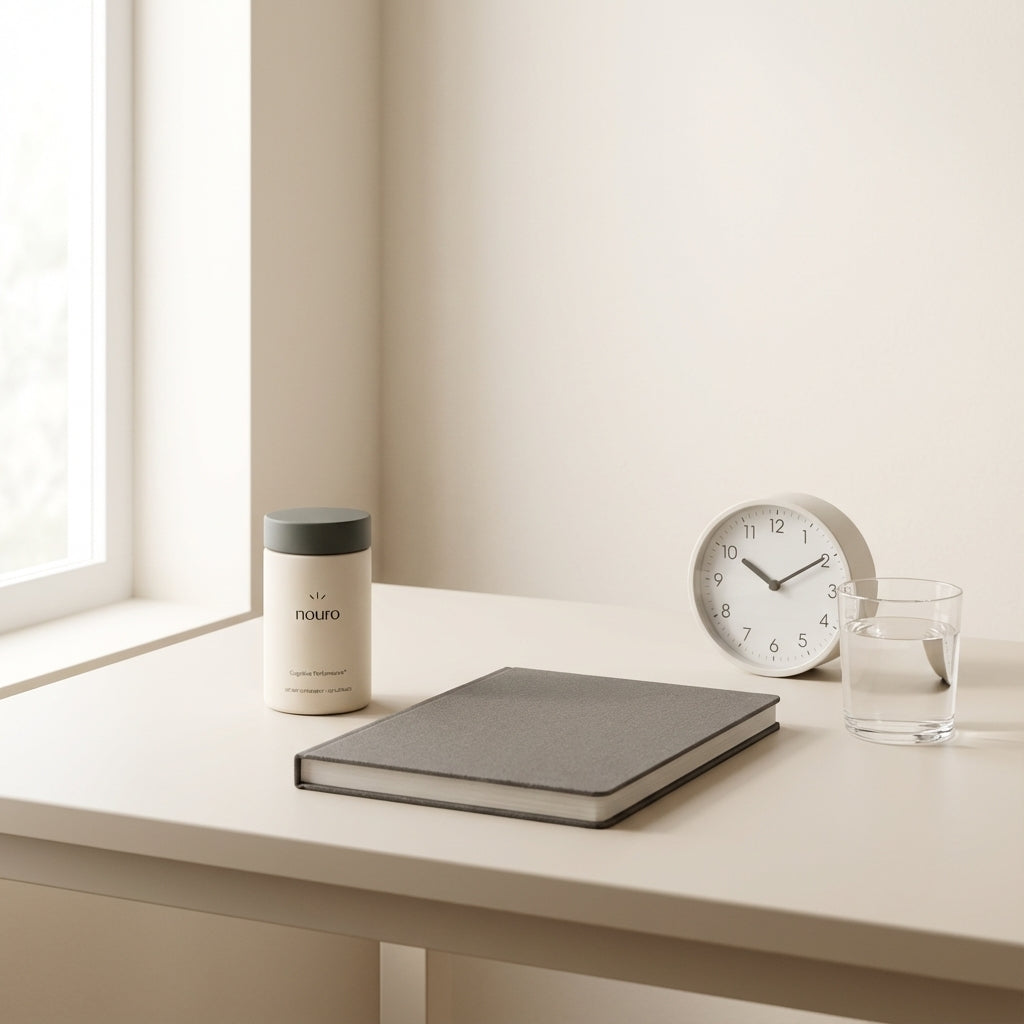 Minimalist desk with a closed notebook, analog clock at mid-morning, glass of water and a Tonum Nouro container, evoking calm reflection on early signs of Alzheimer's.
