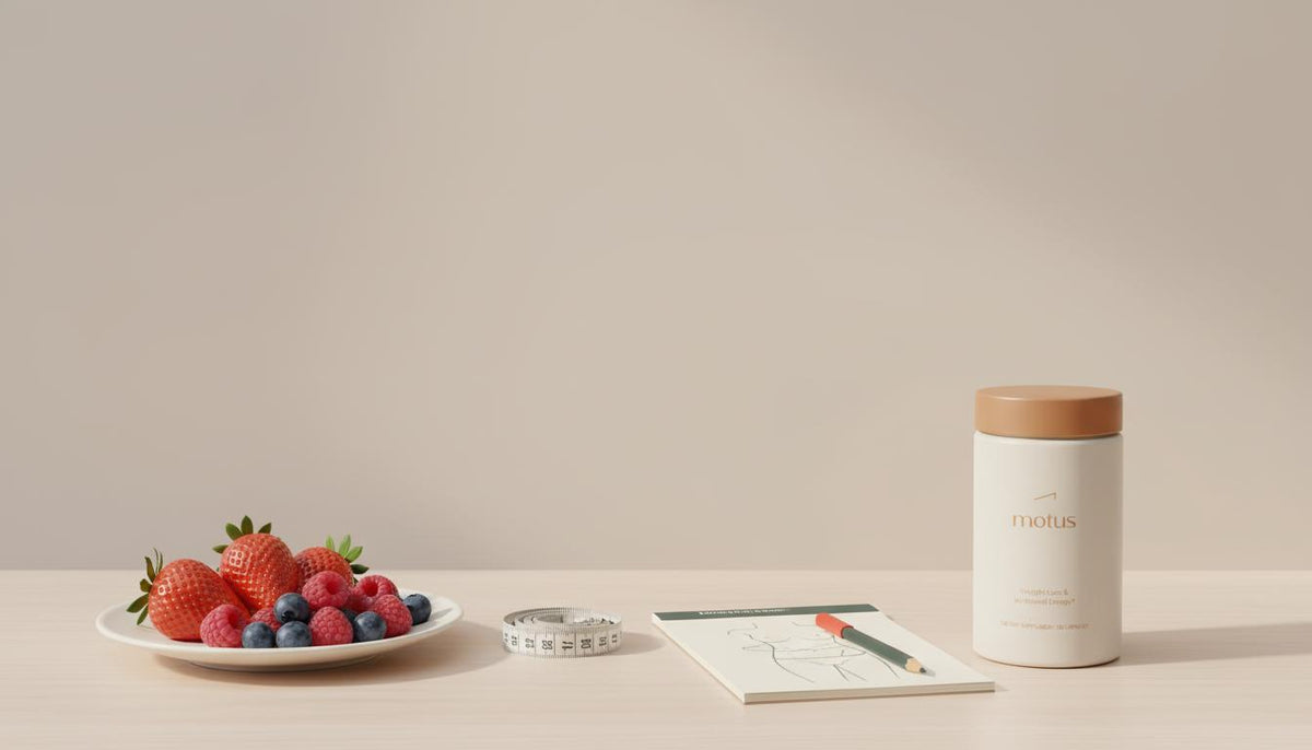 Minimalist table scene with a tape measure, notepad showing a waist measurement, plate of mixed berries and a Tonum Motus container illustrating early signs of insulin resistance.