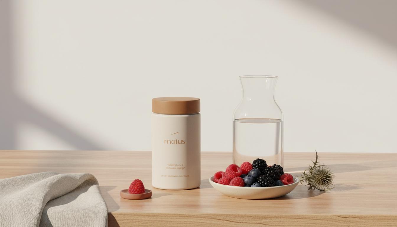 Minimalist kitchen scene with Tonum Motus supplement jar beside a dish of berries and carafe, evoking holistic medicine effectiveness and morning wellness.