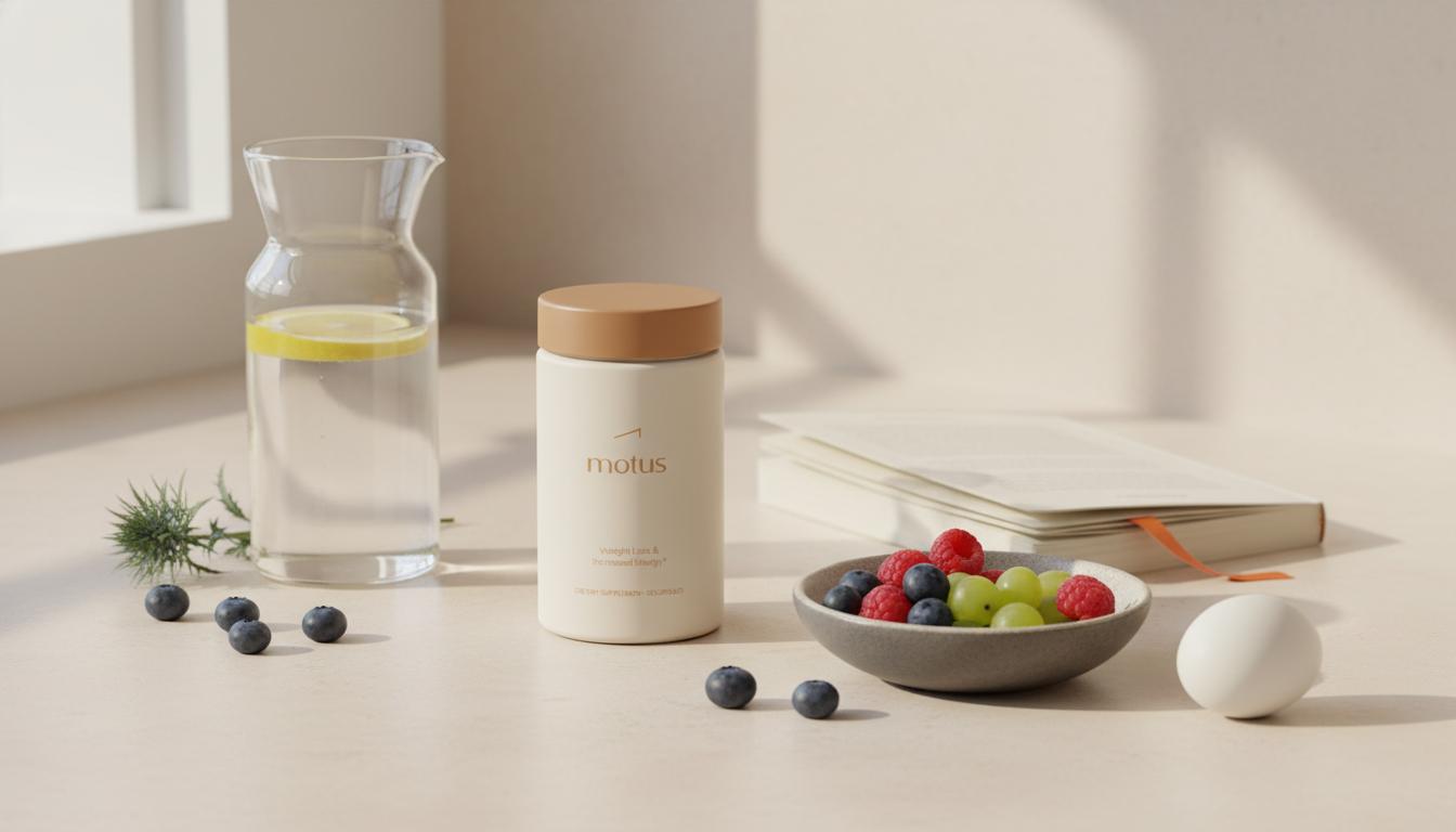 Minimalist kitchen counter with Tonum Motus supplement jar, glass carafe, bowl of berries, folded journal and milk thistle and egg icons in natural light — protein shakes for weight loss
