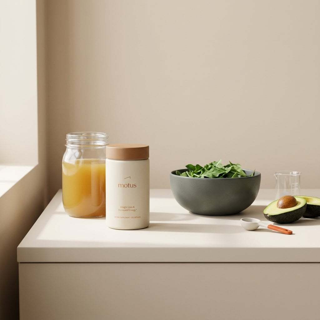 Minimalist kitchen still life with Tonum supplement container beside jar of salted bone broth, leafy greens and avocado, showing effects of cutting carbs for 2 weeks