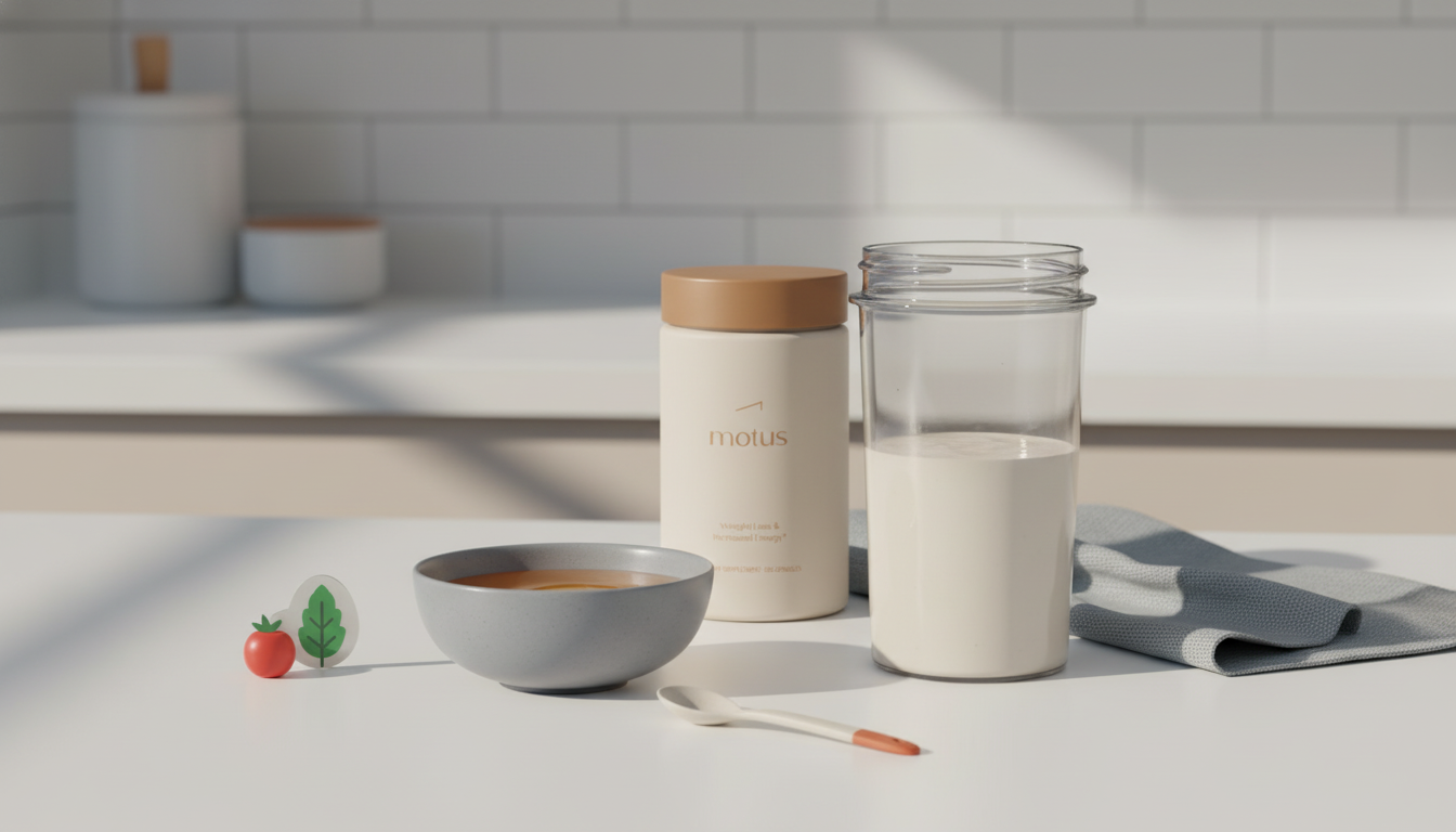 Minimal still-life of a bowl of pasteurized egg whites and a clear whey shaker alongside the Tonum Motus container on a beige counter — egg white vs whey protein comparison