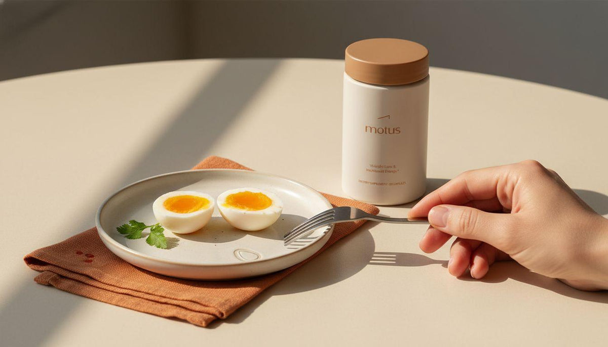 Two gently cooked eggs on a minimalist plate with herbs and a Tonum Motus jar beside them, illustrating eggs and metabolism in a calm morning nutrition scene.