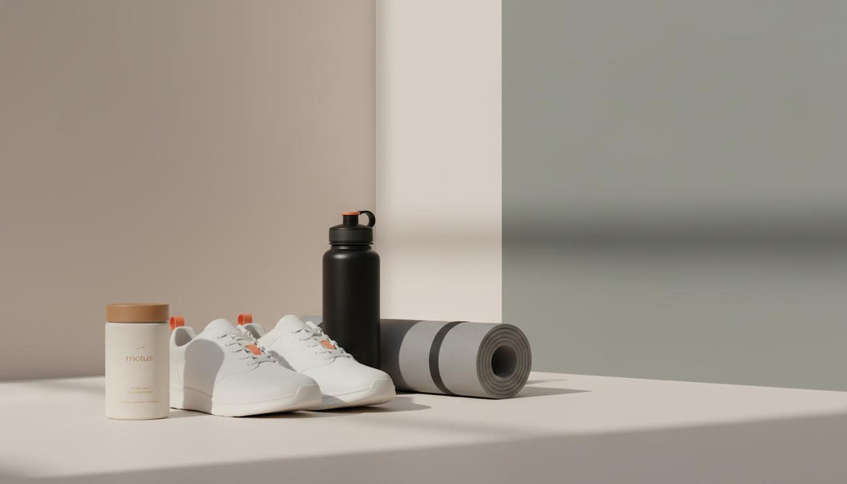 Minimalist home wellness scene with Tonum Motus container, walking shoes, water bottle and rolled mat on a neutral surface, promoting exercise for fatty liver.