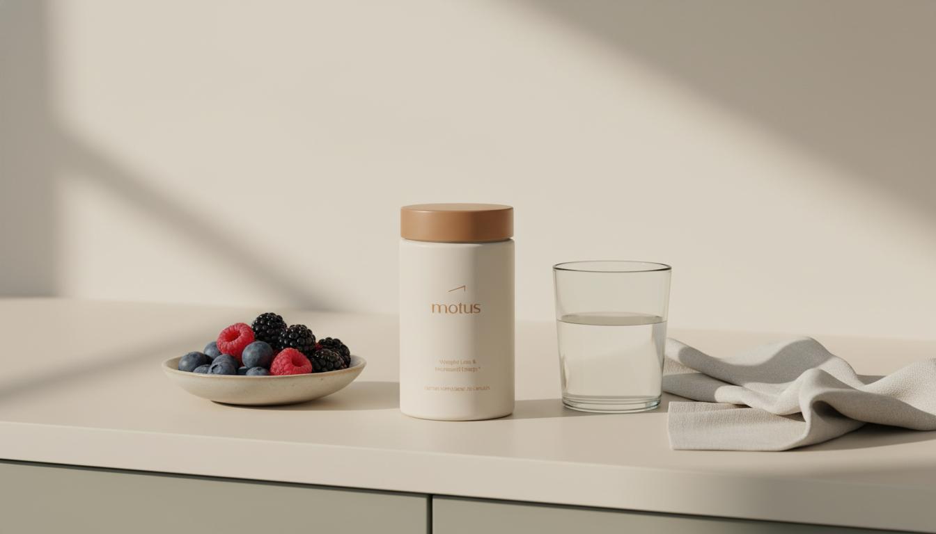 Minimalist beige kitchen scene with a Tonum supplement jar beside a glass of water and a bowl of berries on a clean counter, evoking green coffee bean extract lifestyle.