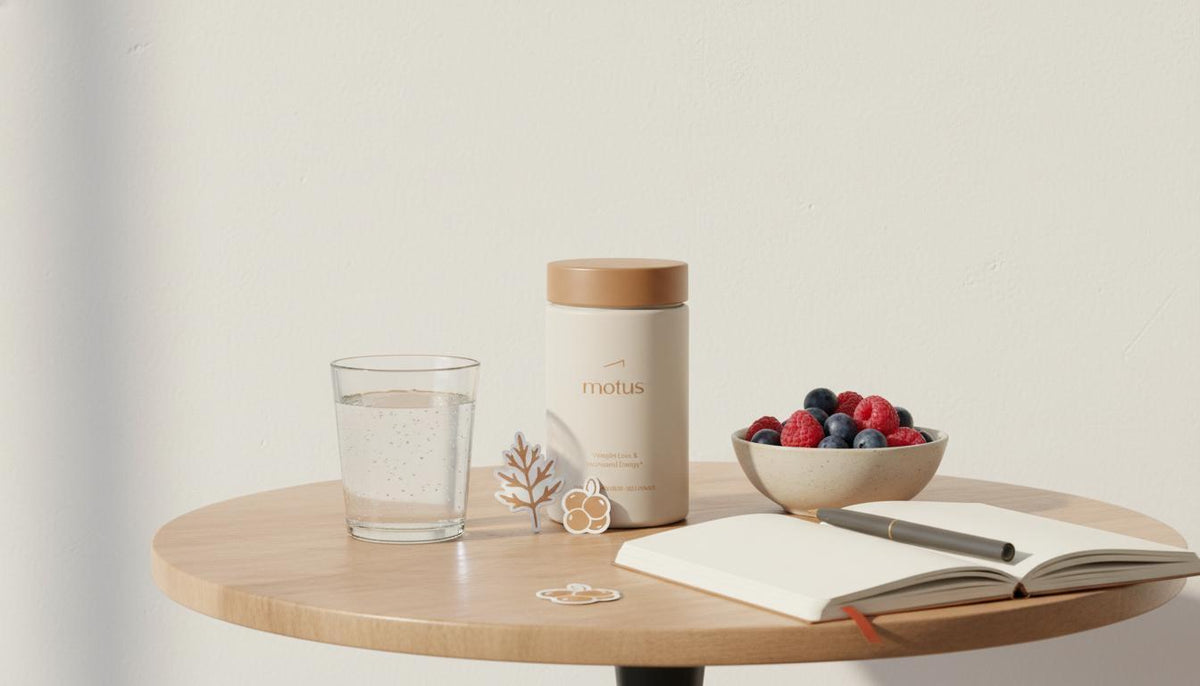 Minimalist kitchen still life with Tonum supplement jar, berries, water glass and notebook illustrating what deficiency causes brain fog