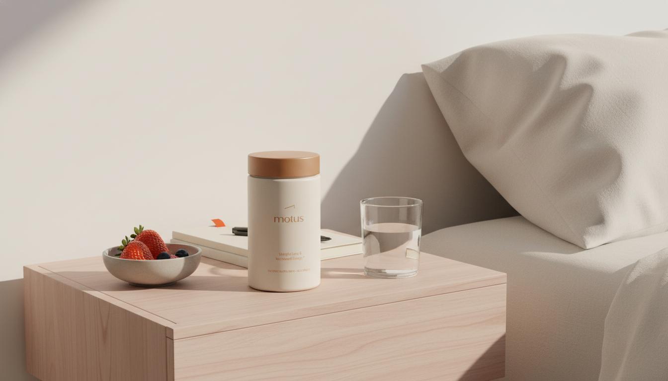 Minimalist bedside scene with Tonum Motus supplement jar, glass of water, small bowl of berries and notepad, evoking a calm morning routine to lose 7% body fat.