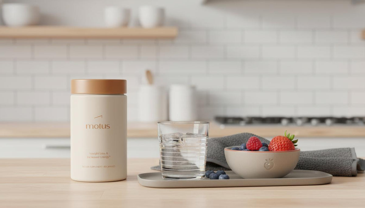 Motus supplement container on a minimalist kitchen counter with a glass of water, bowl of berries and folded workout towel in Tonum colors — best fat burners 2025