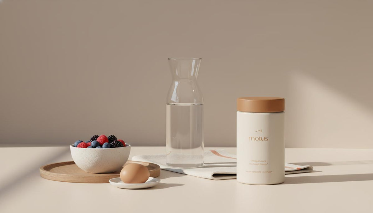 Minimalist kitchen counter with Motus supplement jar, glass carafe, bowl of mixed berries and a single egg suggesting a morning routine and evidence-based habits: how do men lose weight so fast