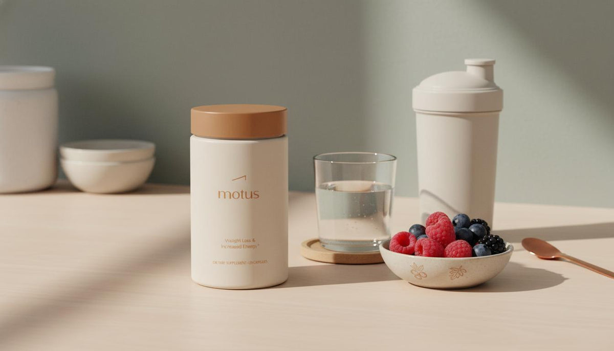 Minimalist kitchen counter with Tonum Motus jar beside a glass of water, bowl of berries and shaker; calm lighting conveys meal replacement shakes for weight loss.
