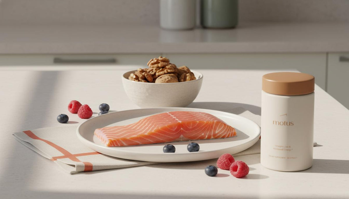 Minimal kitchen counter with salmon, walnuts, berries and a Tonum Nouro supplement reference, illustrating omega-3 for the brain in a calm minimalist Tonum palette.
