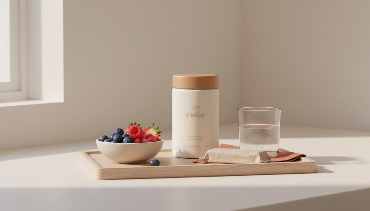 Minimalist kitchen scene with Tonum Motus jar, a neutral-wrapped protein bar, bowl of berries and glass of water — promoting protein bars for weight loss in a calm, clinical style