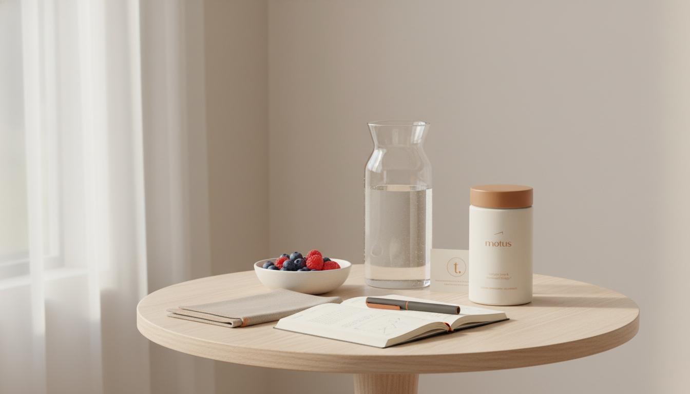 Minimalist kitchen scene with a wooden table, carafe, bowl of mixed berries, open journal and Tonum jar labeled Motus — 5 R's of gut health