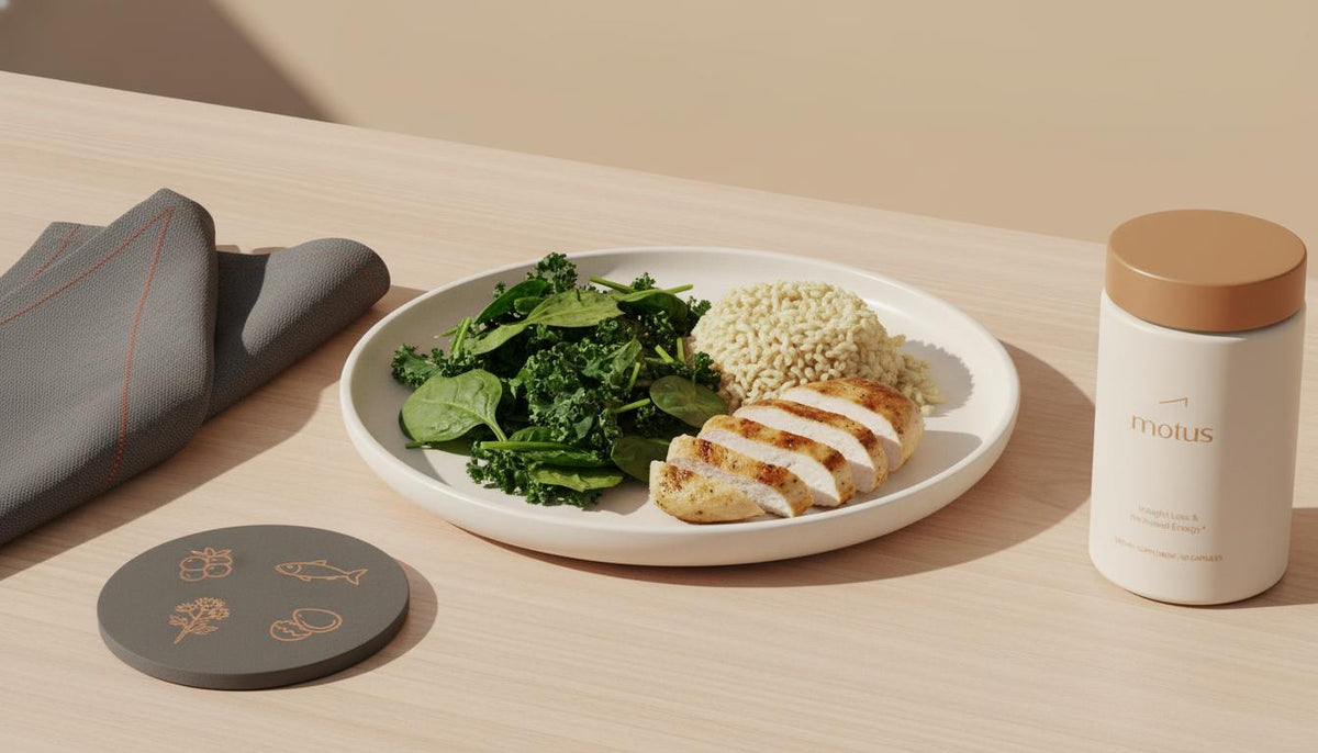 Minimalist photo of a balanced plate with greens, whole grains and lean protein beside a Tonum Motus jar and Tonum icons on a coaster, illustrating the 80/20 rule for dietitians