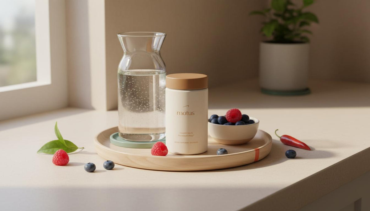 Minimalist morning kitchen scene with Motus supplement jar on a wooden tray beside a glass carafe and bowl of berries, highlighting fast metabolism pills in a Tonum aesthetic.