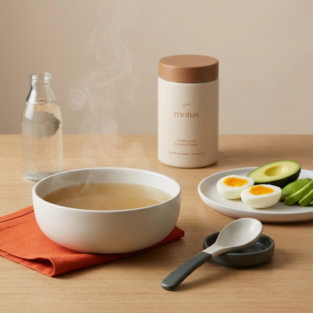 Minimalist still-life of steaming bone broth, eggs, avocado, mineral water and a Tonum Motus jar on a beige background — fast sugar detox plan