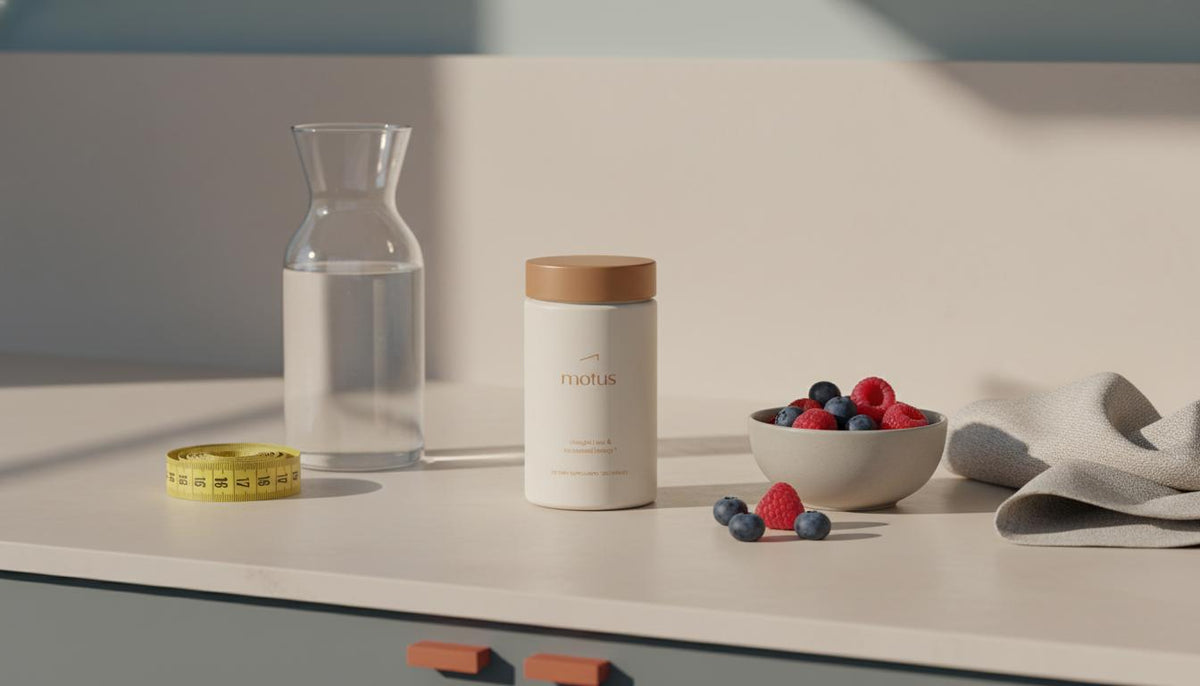 Minimalist kitchen still-life with Tonum Motus container beside water carafe, measuring tape, berries and towel, calm clinical lifestyle for fast weight loss 2 weeks