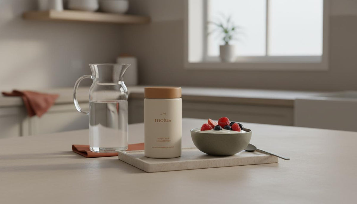 Motus supplement jar on a minimalist kitchen tray with a carafe and bowl of yogurt and berries, calm scientific lifestyle scene for the fastest way for a female to lose weight
