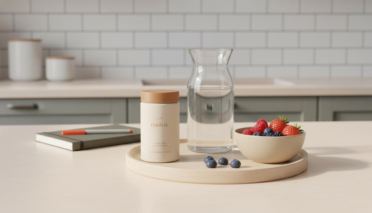 Minimal kitchen scene with Tonum Motus jar, bowl of mixed berries, glass carafe and notebook on soft #F2E5D5 background - fastest ways to burn fat naturally