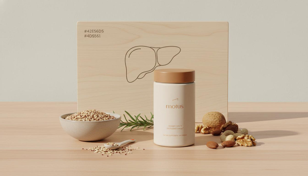Minimal still life of the Tonum Motus supplement jar with whole grains, nuts and herbs beside a simple liver illustration, addressing fat around the liver.