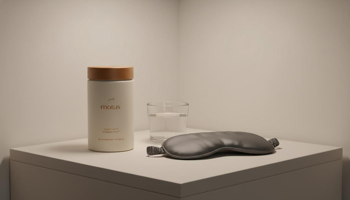 Minimal bedside vignette with Tonum supplement container, glass of water and folded sleep mask on a table, calm restorative scene for a fat burner at night routine.