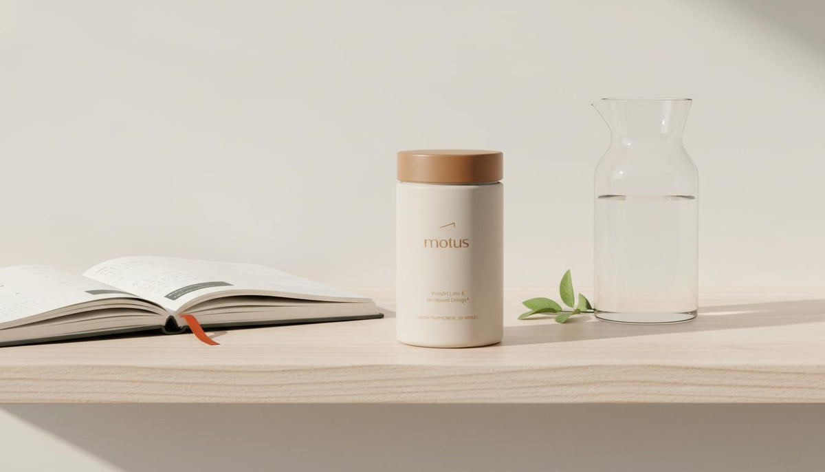 Minimalist still-life of Tonum supplement jar 'Motus' on a wooden shelf with open notebook, glass carafe and greenery in soft natural light, promoting fat burners and daily wellness.