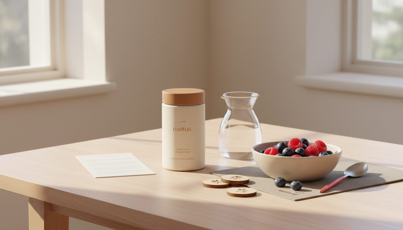 Minimalist lifestyle photo of Tonum Motus supplement jar beside a bowl of berries and research pamphlet on a sunlit wooden table, highlighting fat burners and daily wellness.