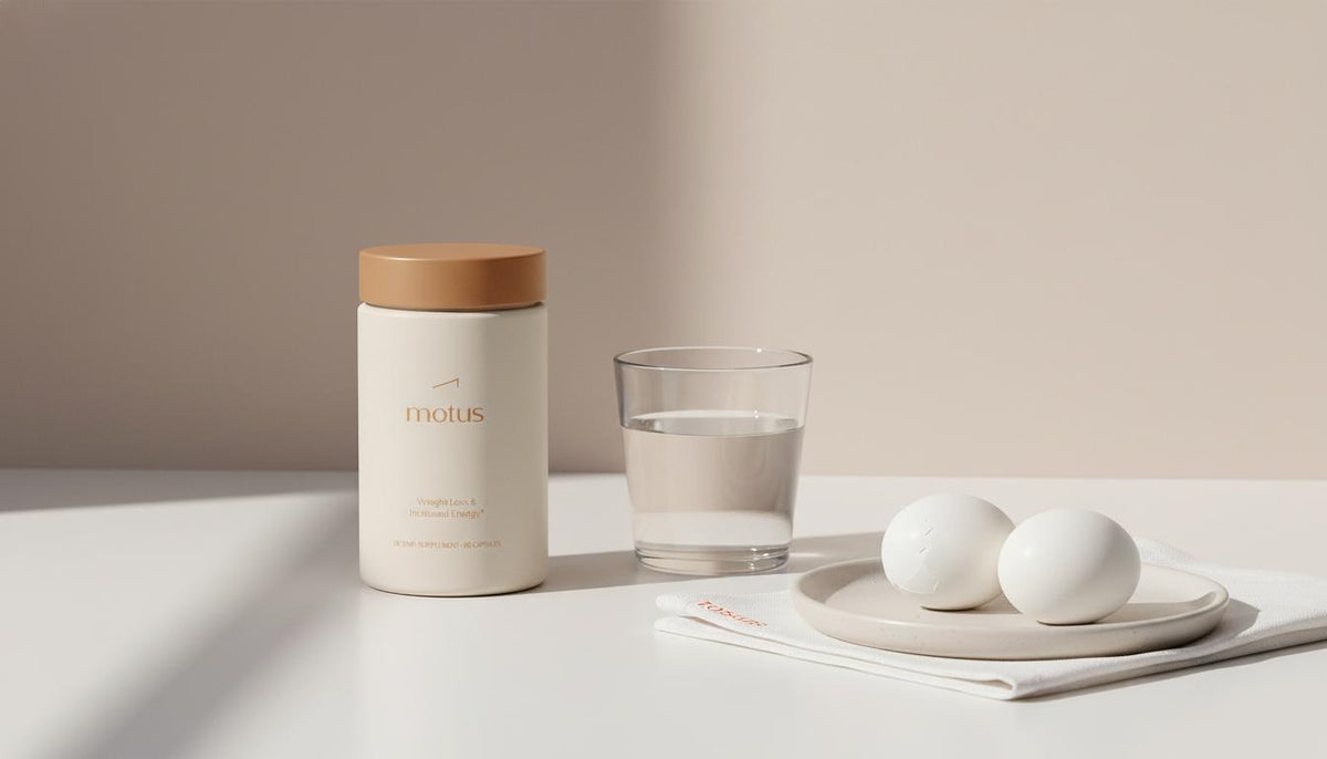 Minimal still-life of Tonum Motus supplement container with glass of water and plate of eggs on countertop against a #F2E5D5 background, image for fat burners without caffeine