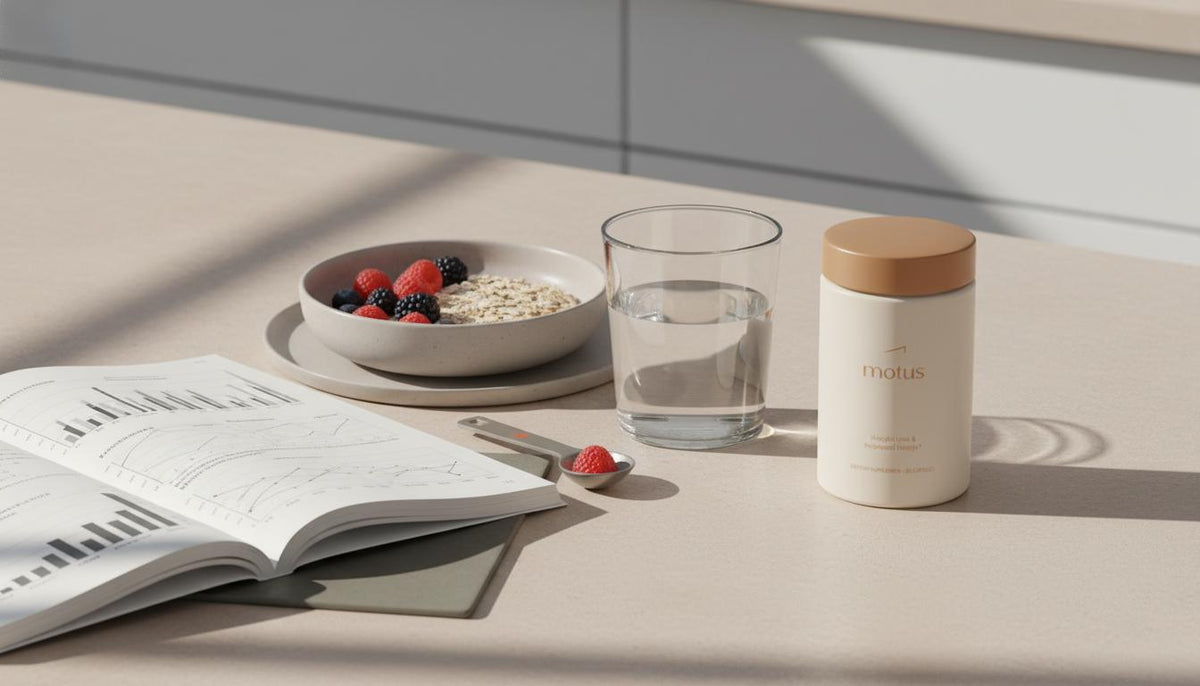 Tonum Motus container beside a glass of water, plate of berries and oats and open research graphs on a neutral counter — fat burners without caffeine
