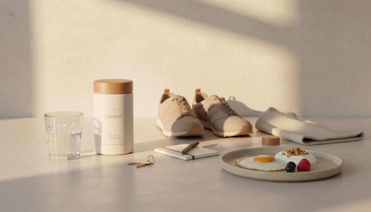 Tonum Motus supplement on a minimalist kitchen counter at golden hour with water, walking shoes and a high-protein plate suggesting a fat burning mode morning routine