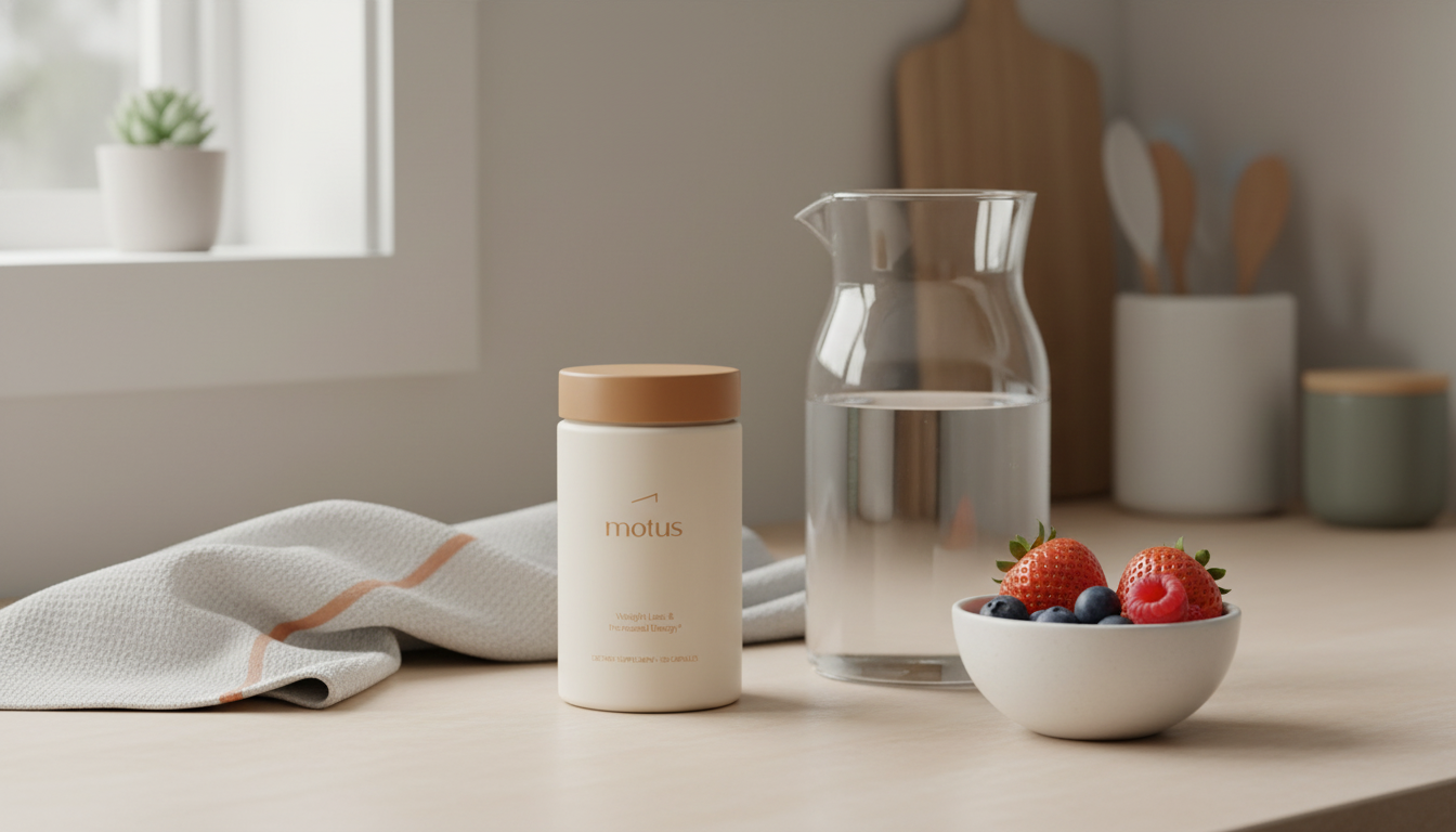 Minimalist kitchen scene with Tonum Motus supplement jar beside a pitcher of water, bowl of berries and folded towel, soft natural light promoting fat burning powder daily ritual.