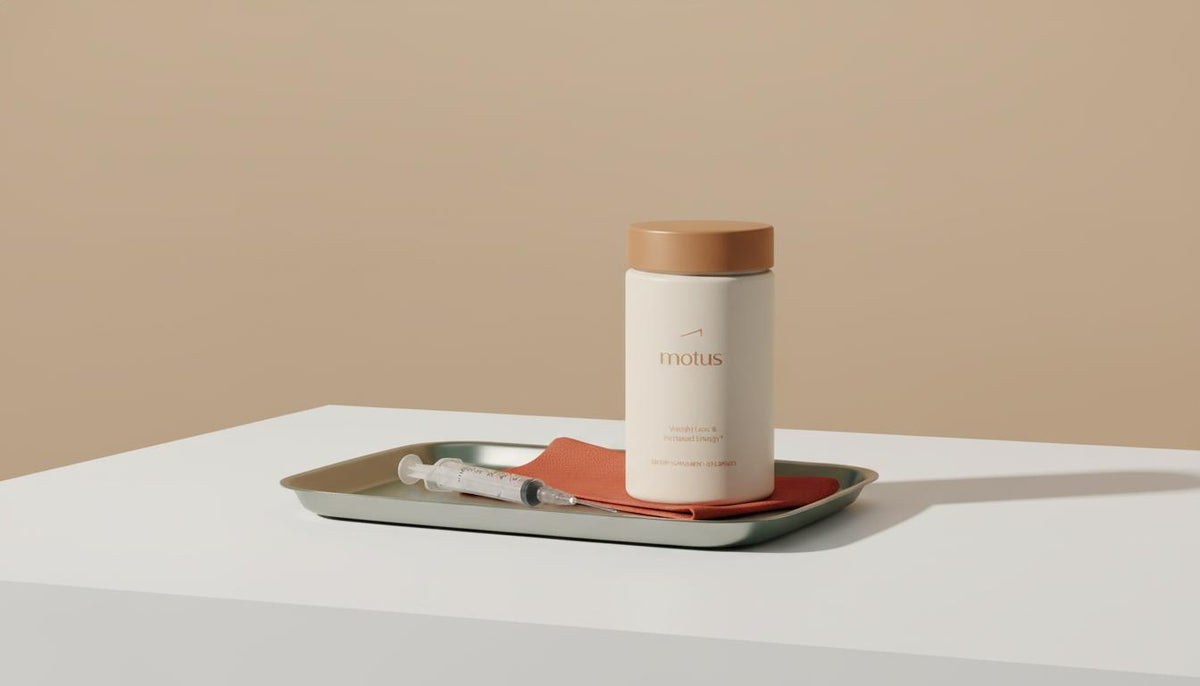 Minimalist clinic still life showing a sterile syringe and Tonum Motus supplement container on a white tray against a #F2E5D5 beige background, highlighting fat dissolving injections.