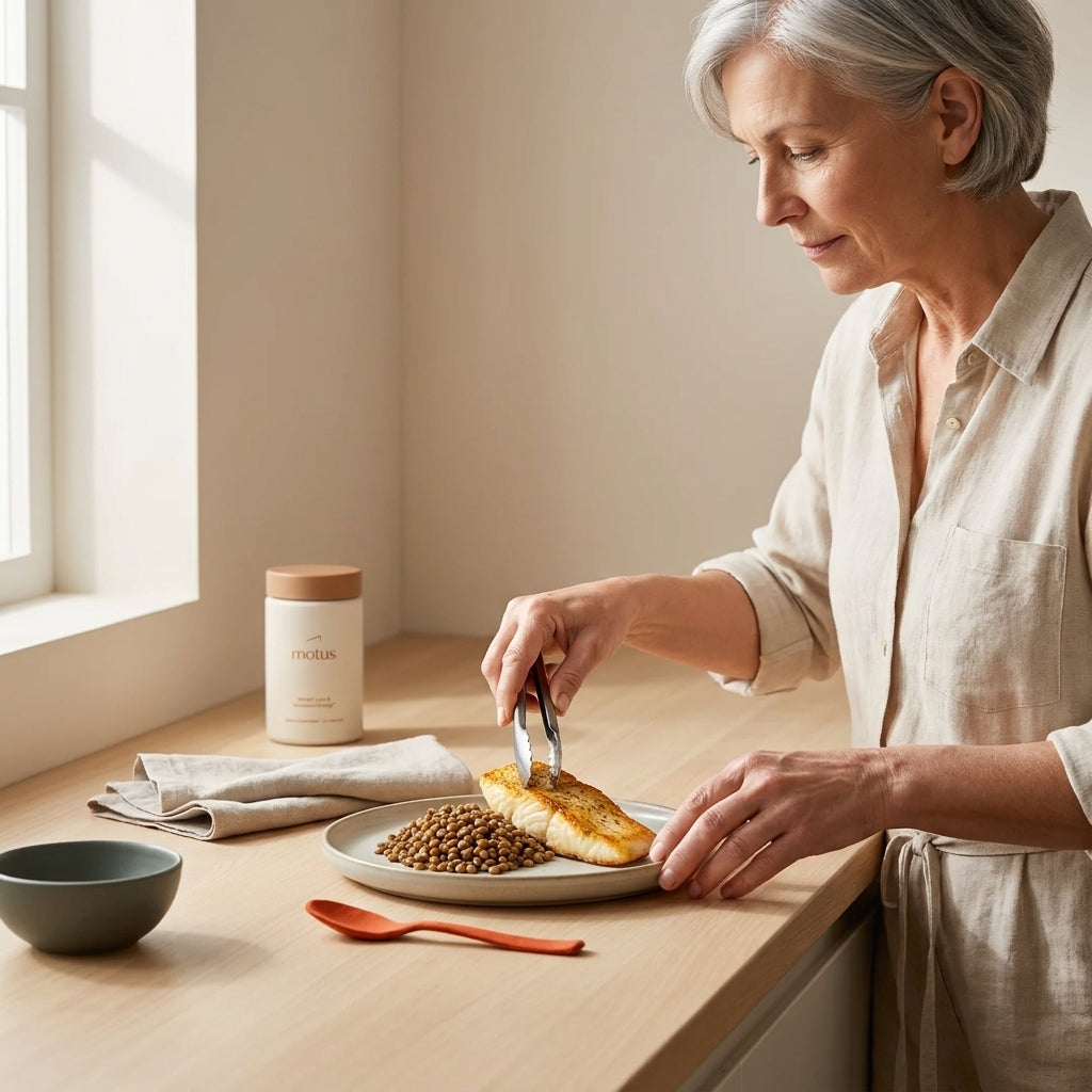 Postmenopausal woman in a bright minimalist kitchen preparing a balanced plate with fish and legumes; Tonum Motus supplement container visible on counter — fat loss after menopause