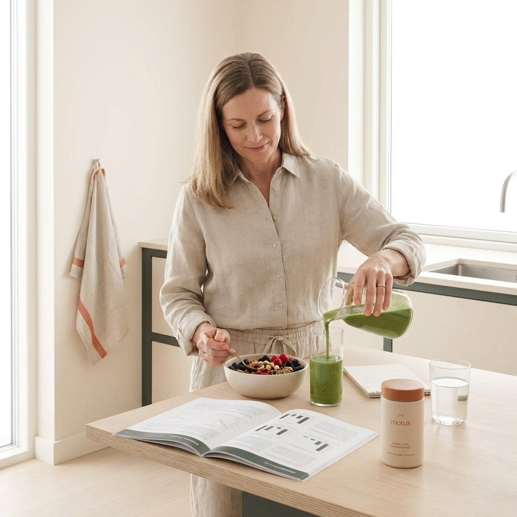 Midlife woman preparing a protein-rich breakfast in a bright minimalist kitchen, illustrating practical routines for fat loss after menopause with Tonum supplement container visible.