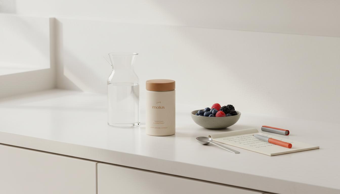Minimal kitchen counter with Tonum Motus supplement jar, glass water carafe, bowl of berries and notepad conveying evidence-based morning habits supporting fat oxidation.