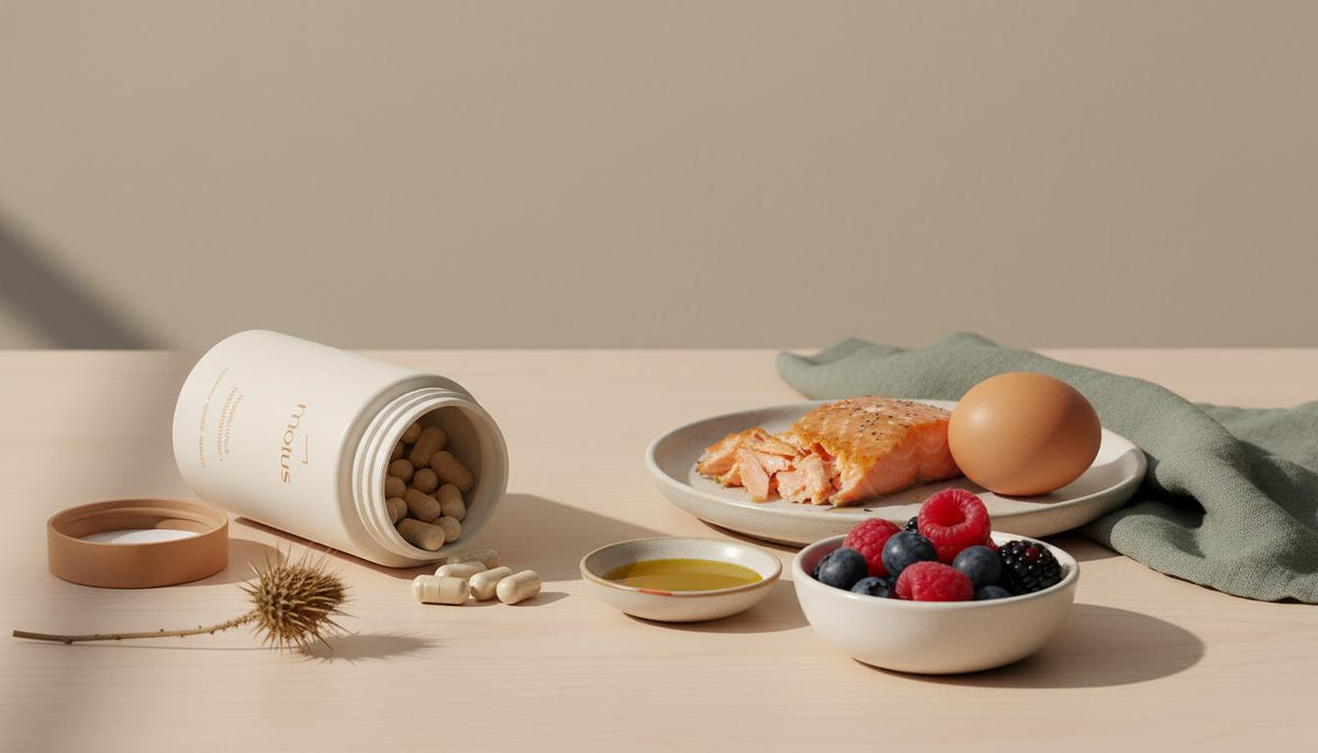 Minimalist still-life with Tonum supplement jar beside salmon fillet, egg, mixed berries and olive oil on beige background representing fat-soluble vitamins
