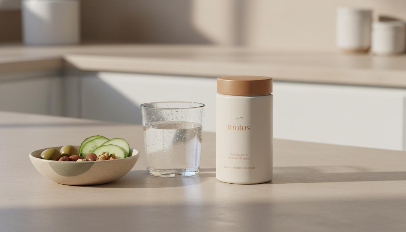 Close-up kitchen counter with Tonum Motus container next to a glass of water and a bowl of olives, nuts and sliced cucumber illustrating fatty liver disease causes and healthy nutrition.