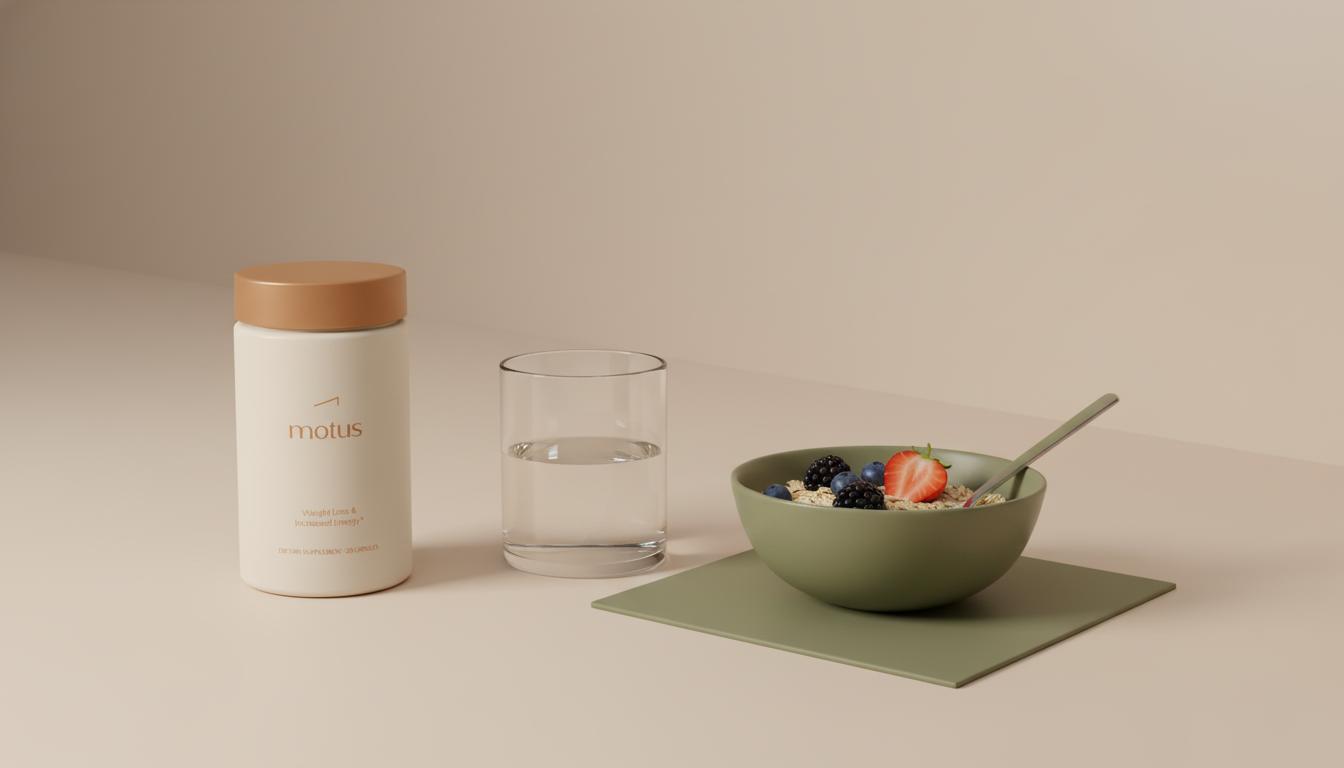 Minimalist kitchen counter with Motus supplement, glass of water and bowl of berries and oats, conveying measured care for fatty liver during pregnancy