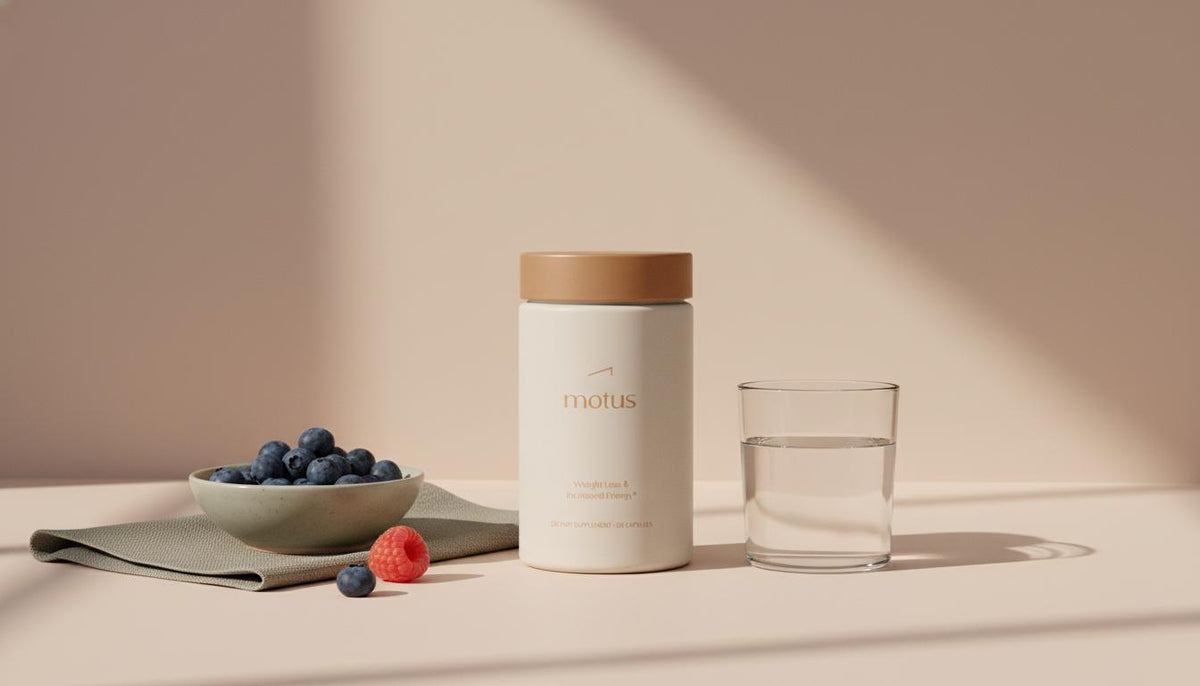 Minimalist kitchen counter with Tonum Motus container beside a bowl of berries and a glass of water, conveying liver-friendly nutrition and support for fatty liver.