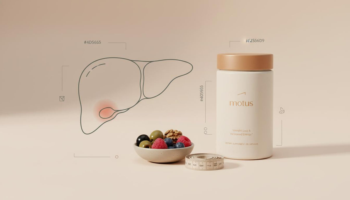 Minimalist flat-lay of schematic liver illustration, Tonum Motus product, bowl of olives, walnuts and berries, and coiled measuring tape on beige background — fatty liver