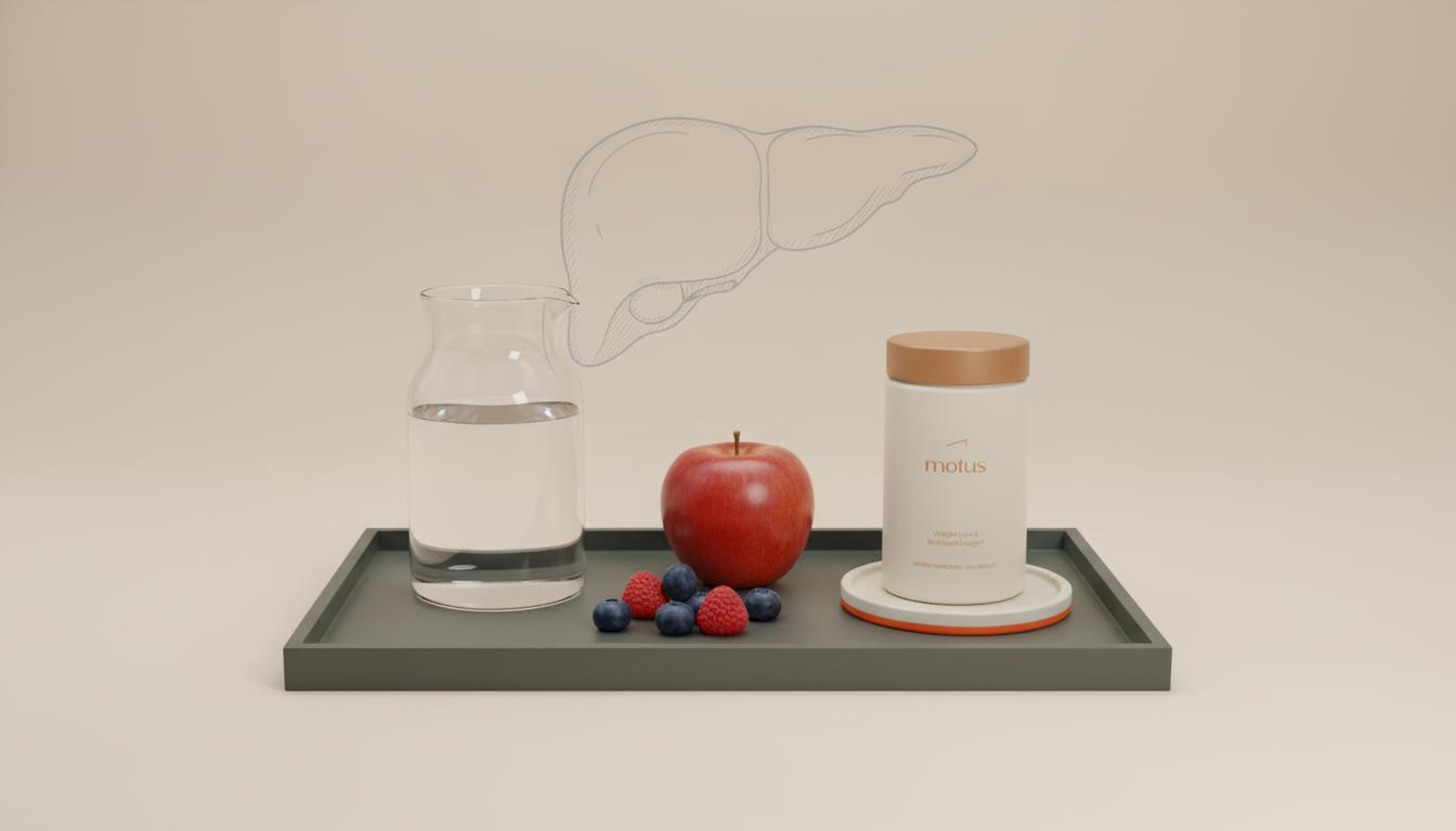 Overhead minimalist still life with a glass carafe, apple and berries, Tonum supplement container and a simple scientific liver line illustration on a #F2E5D5 background for fatty liver wellness.