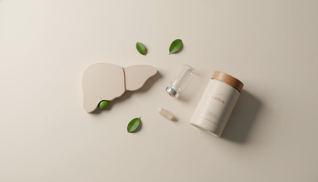 Minimalist still life: stylized healthy liver illustration, Tonum supplement container and capsule vial with leaves in a calm scientific composition suggesting fatty liver support.