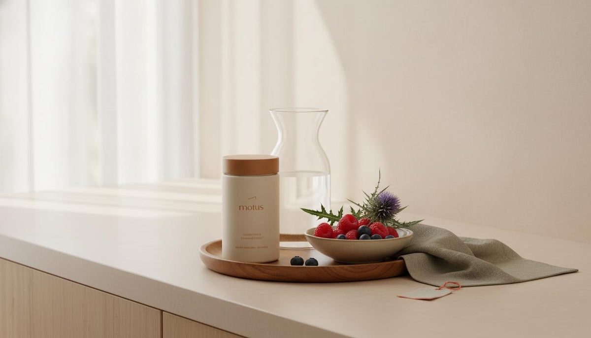 Minimal kitchen hero image with Tonum Motus jar on a wooden tray, carafe of water, bowl of berries and milk thistle sprig in soft daylight — visual for fatty liver stomach appearance