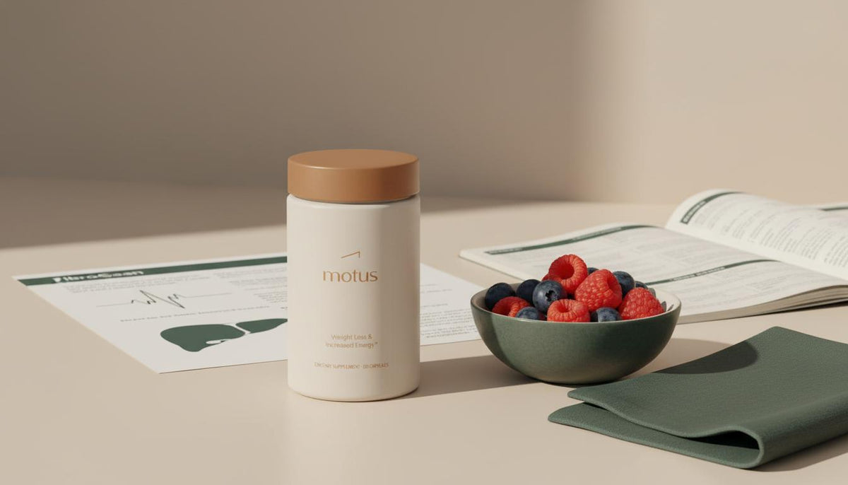 Still-life with Tonum Motus supplement jar beside mixed berries, linen and a partial FibroScan schematic, conveying scientific lifestyle approach to fatty liver weight gain.