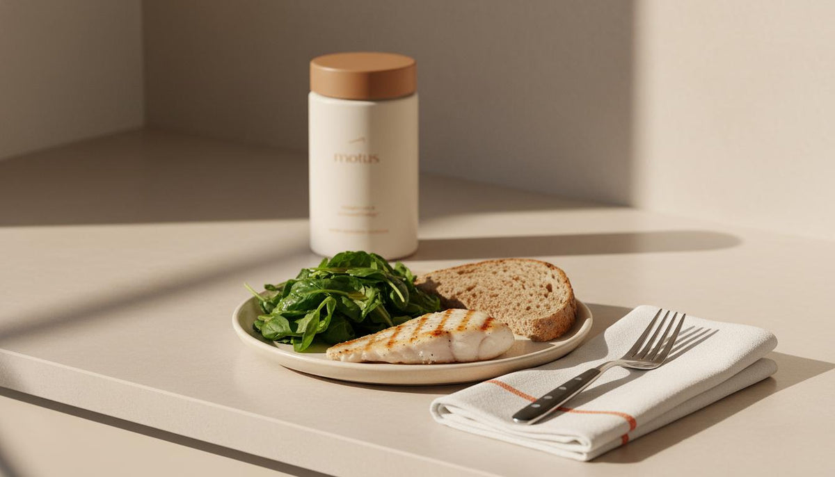 Minimal breakfast with grilled fish, olive-oil dressed greens and whole-grain toast on a neutral counter, with a Motus supplement jar in the background promoting fatty liver weight loss.